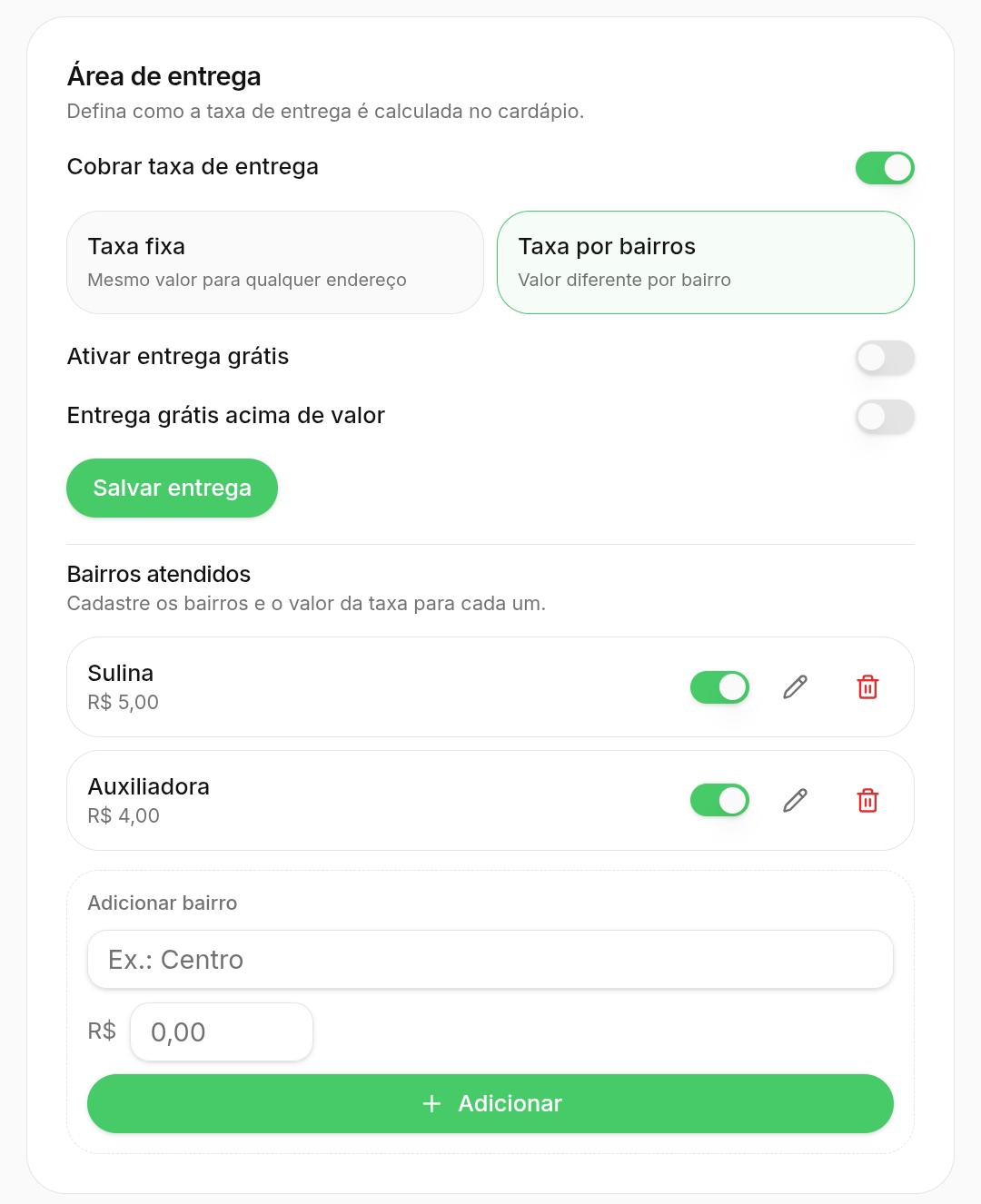 Configuração de área de entrega por bairro
