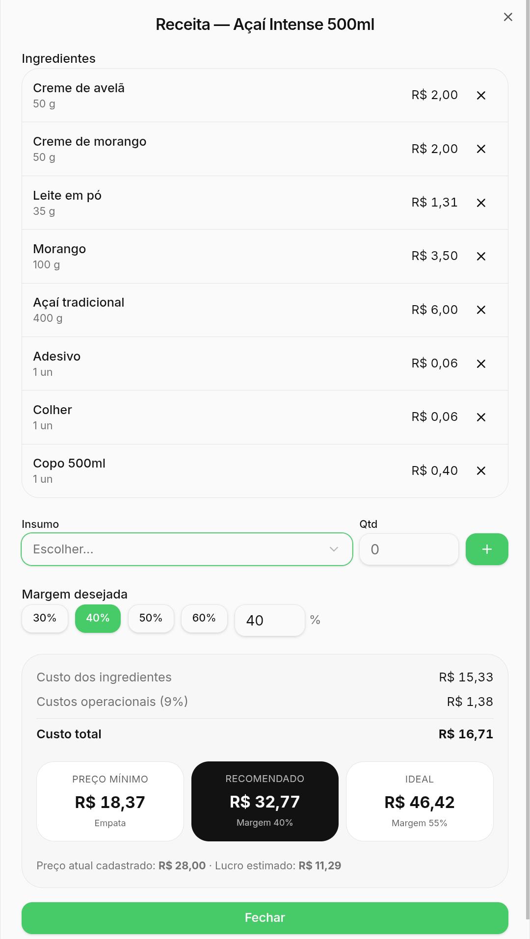 Cálculo de receita com ingredientes no MesaZap