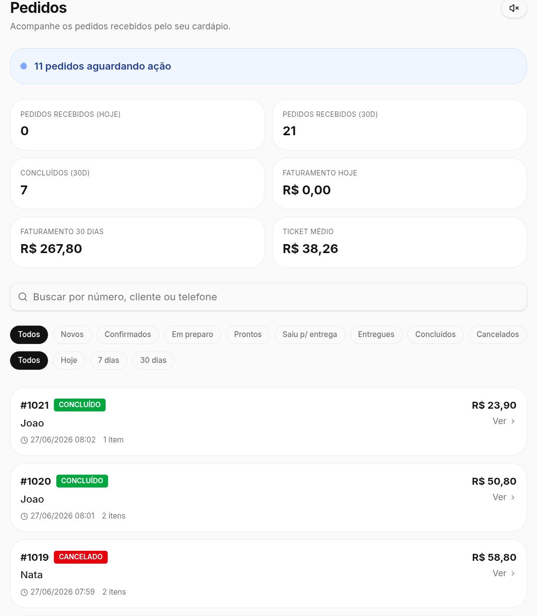 Tela de pedidos recebidos no MesaZap